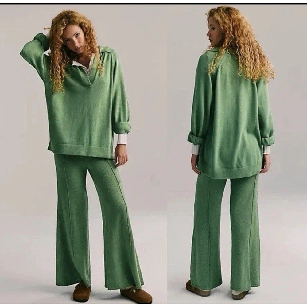 Free People Beach Drea Sweater Set S Green Collared Sweater Wide Leg Pants